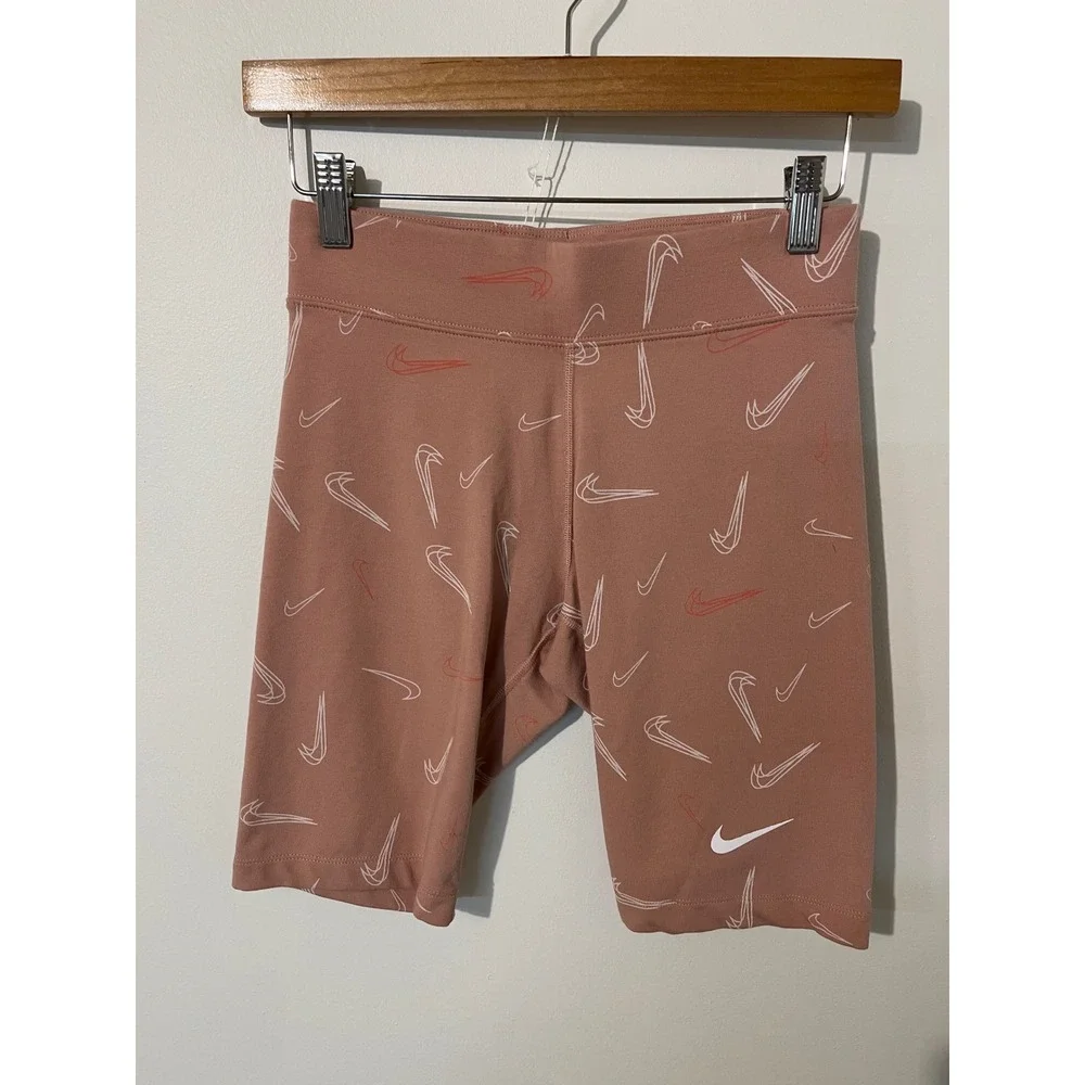 Nike Womens Essential Bike Shorts Pink Swoosh Monogram High Rise Athletic Small